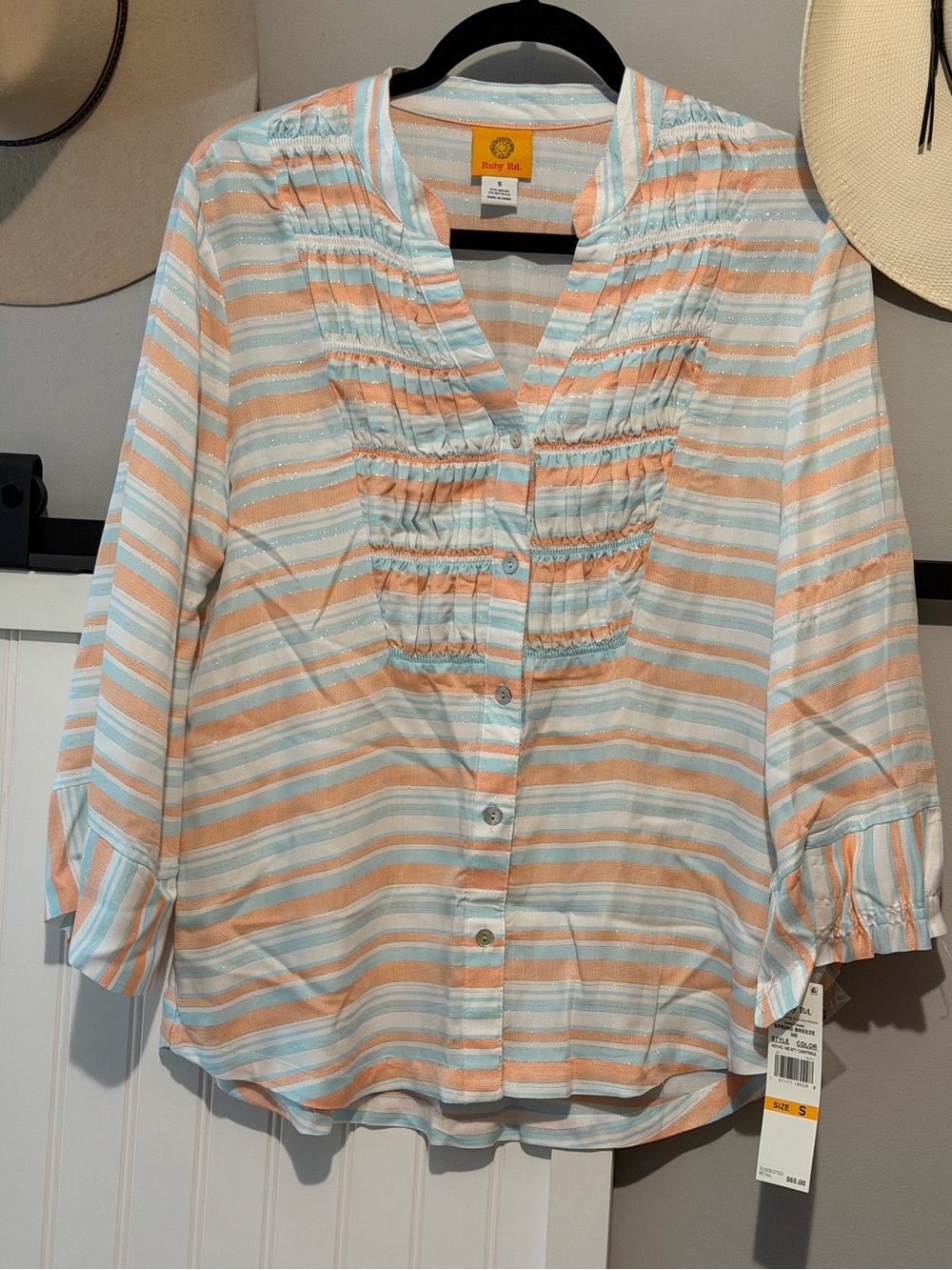 NWT. Women's Ruby Rd. Striped Button-Front Top in Peach & Light Blue